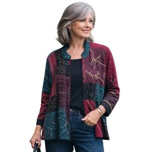 Sigrid Olsen Sport Medium Petite Cardigan Sweater Beaded Metallic Green Red 1321